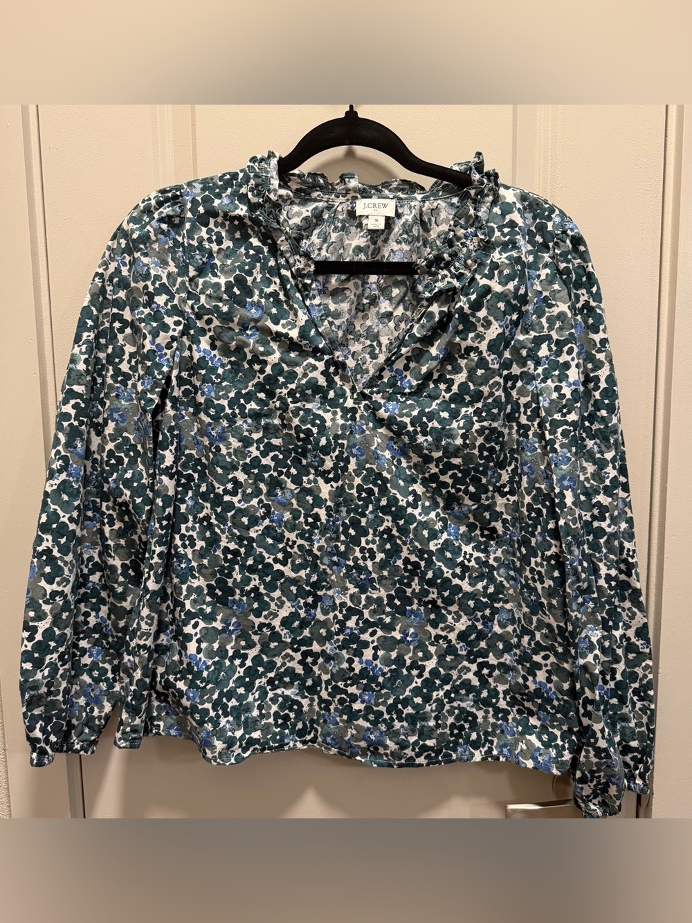 J. Crew Blue and Green Floral V-Neck Ruffle Blouse